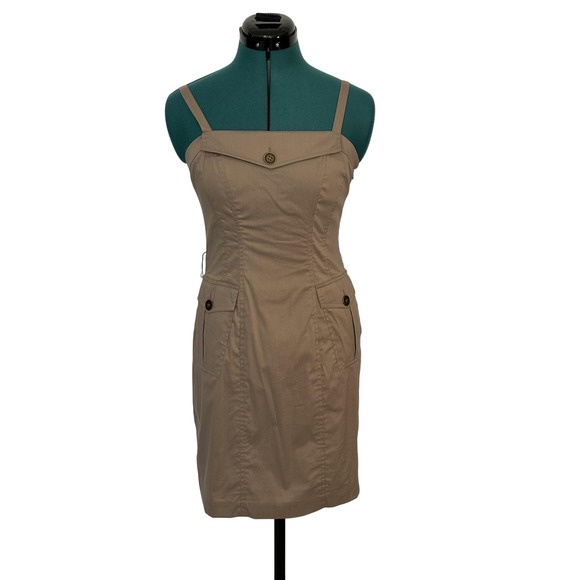 BCBGMAXAZRIA Dress Womens 2 Taupe Tan Sheath Button Pockets Cotton Blend New - Picture 1 of 10